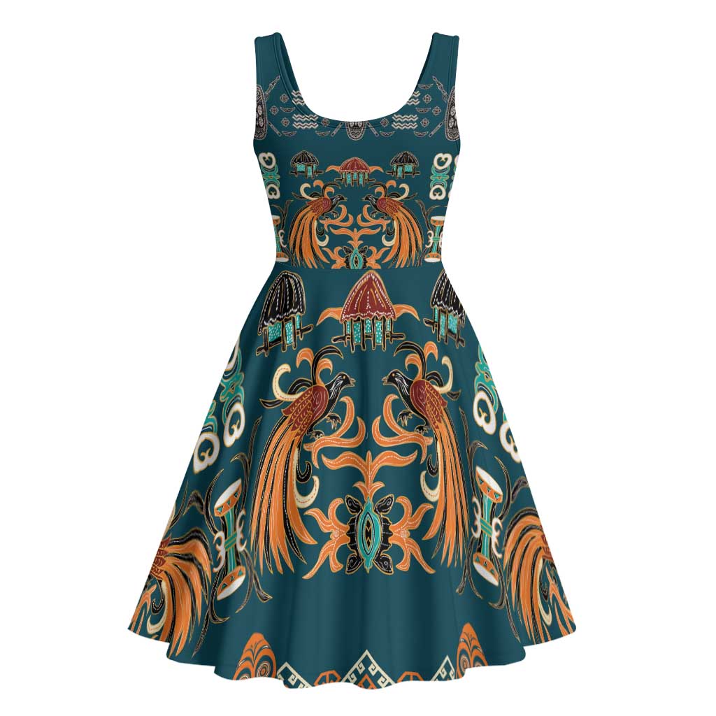 Dark Cyan Blue Batik Papua-inspired Pattern Midi Dress - Polynesian Pride