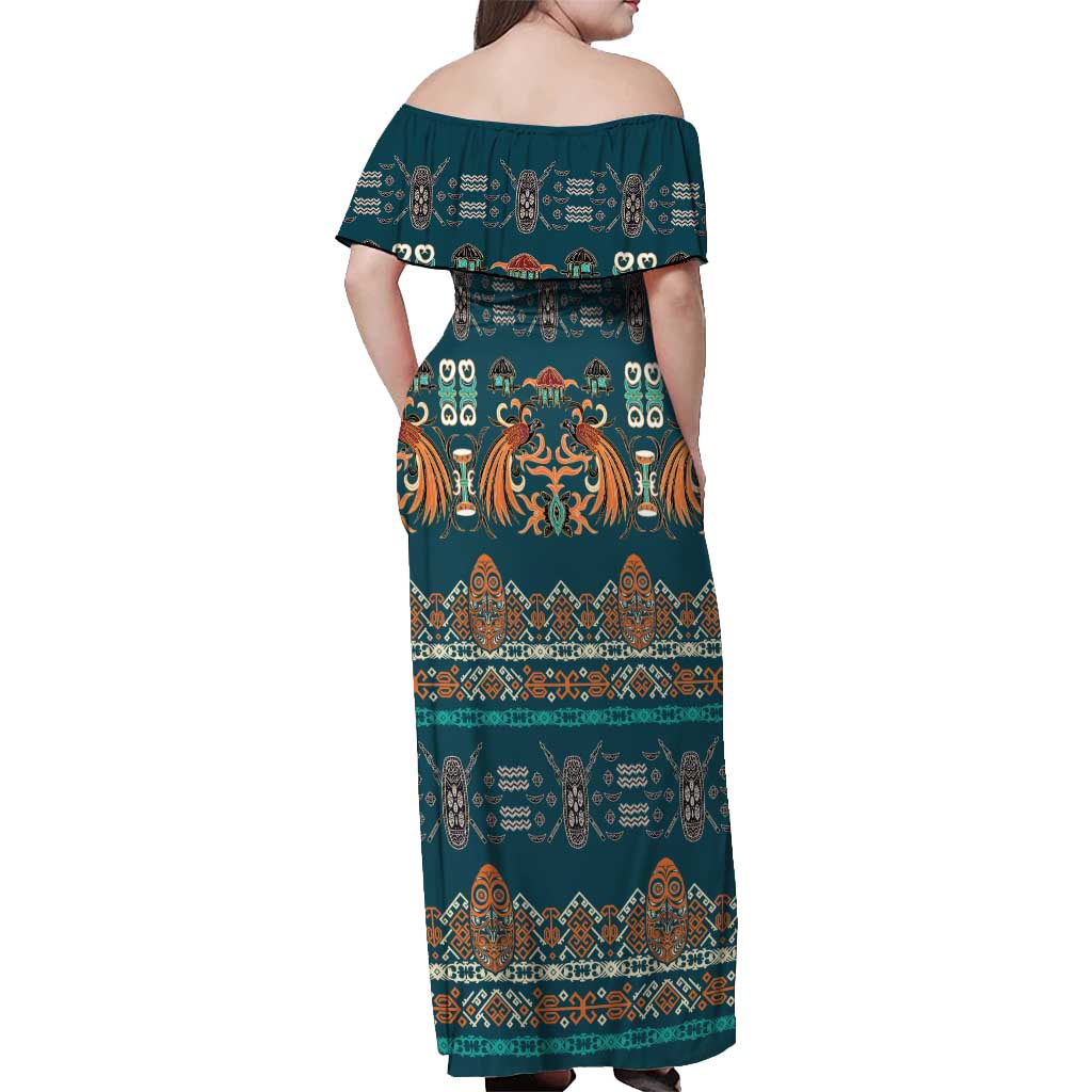 Dark Cyan Blue Batik Papua-inspired Pattern Off Shoulder Maxi Dress - Polynesian Pride