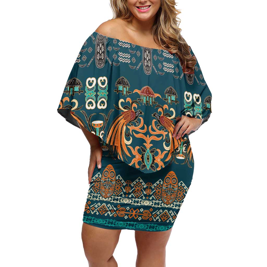 Dark Cyan Blue Batik Papua-inspired Pattern Off Shoulder Short Dress - Polynesian Pride