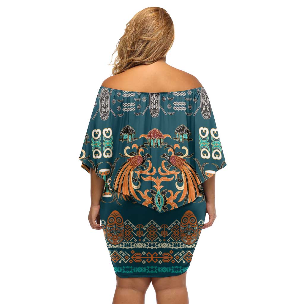 Dark Cyan Blue Batik Papua-inspired Pattern Off Shoulder Short Dress - Polynesian Pride