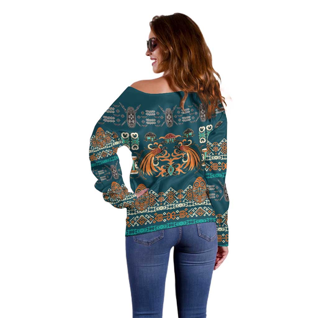Dark Cyan Blue Batik Papua-inspired Pattern Off Shoulder Sweater - Polynesian Pride