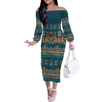 Dark Cyan Blue Batik Papua-inspired Pattern Off The Shoulder Long Sleeve Dress - Polynesian Pride