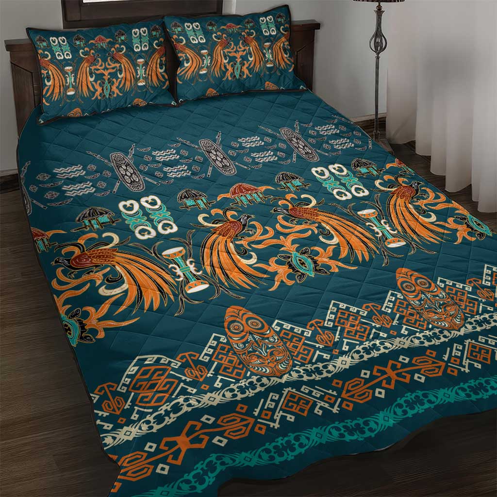 Dark Cyan Blue Batik Papua-inspired Pattern Quilt Bed Set LT9 Blue - Polynesian Pride