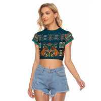 Dark Cyan Blue Batik Papua-inspired Pattern Raglan Cropped T Shirt - Polynesian Pride