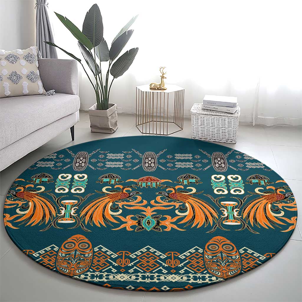 Dark Cyan Blue Batik Papua-inspired Pattern Round Carpet - Polynesian Pride