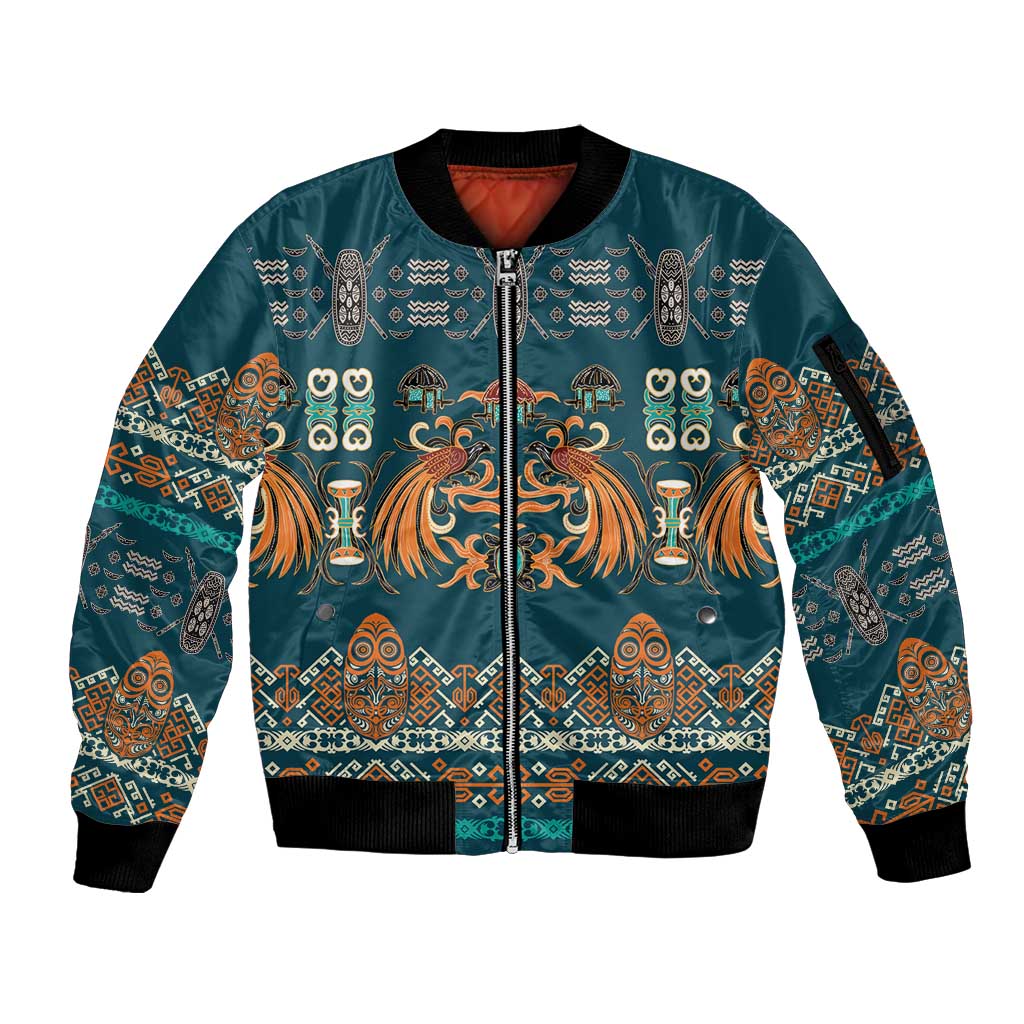 Dark Cyan Blue Batik Papua-inspired Pattern Sleeve Zip Bomber Jacket LT9 Unisex Blue - Polynesian Pride