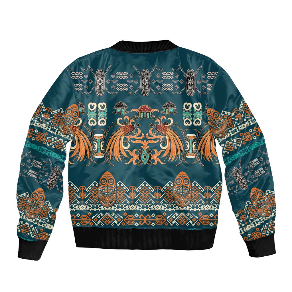 Dark Cyan Blue Batik Papua-inspired Pattern Sleeve Zip Bomber Jacket - Polynesian Pride