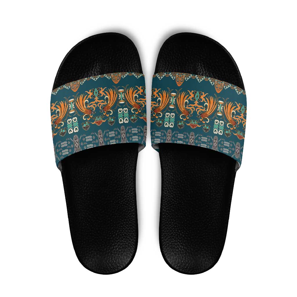 Dark Cyan Blue Batik Papua-inspired Pattern Slide Sandals - Polynesian Pride