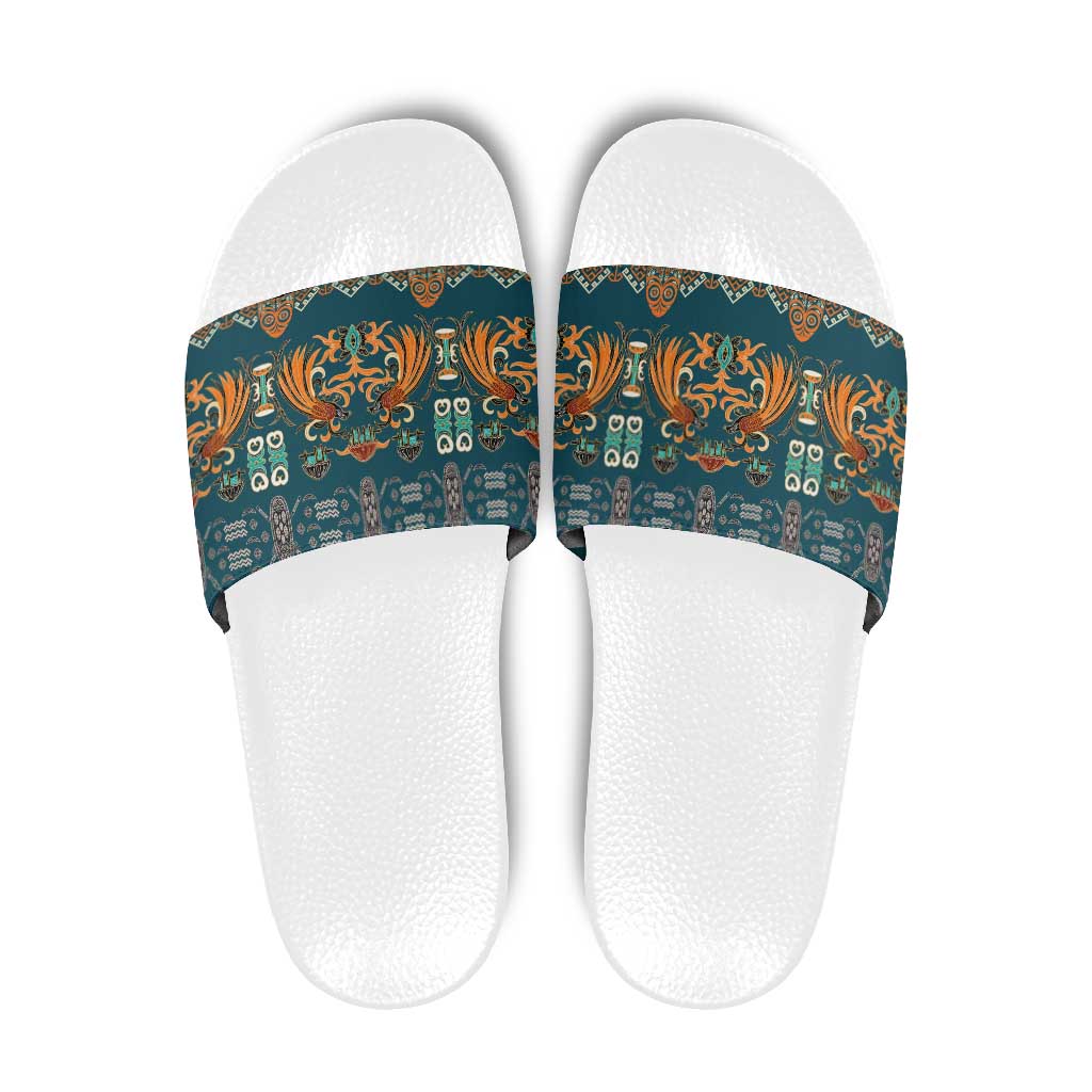 Dark Cyan Blue Batik Papua-inspired Pattern Slide Sandals - Polynesian Pride