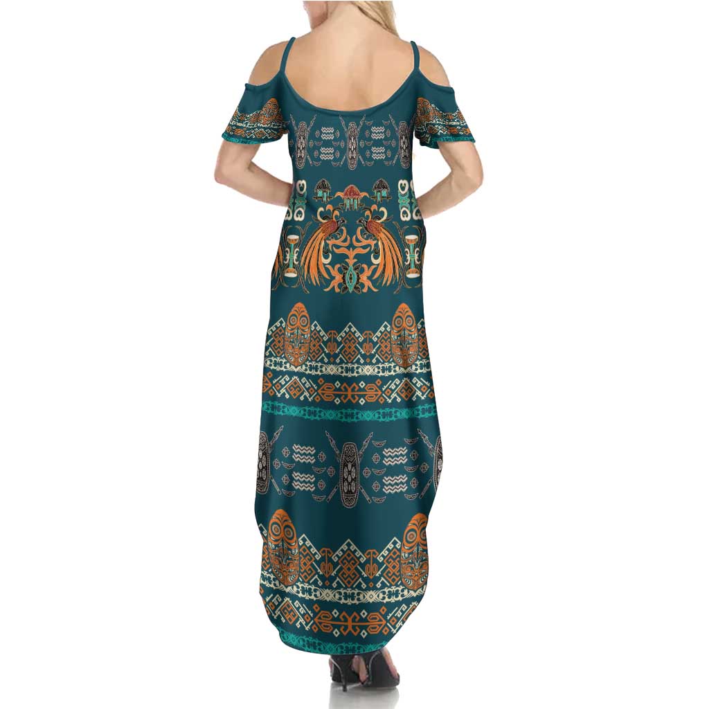 Dark Cyan Blue Batik Papua-inspired Pattern Summer Maxi Dress - Polynesian Pride