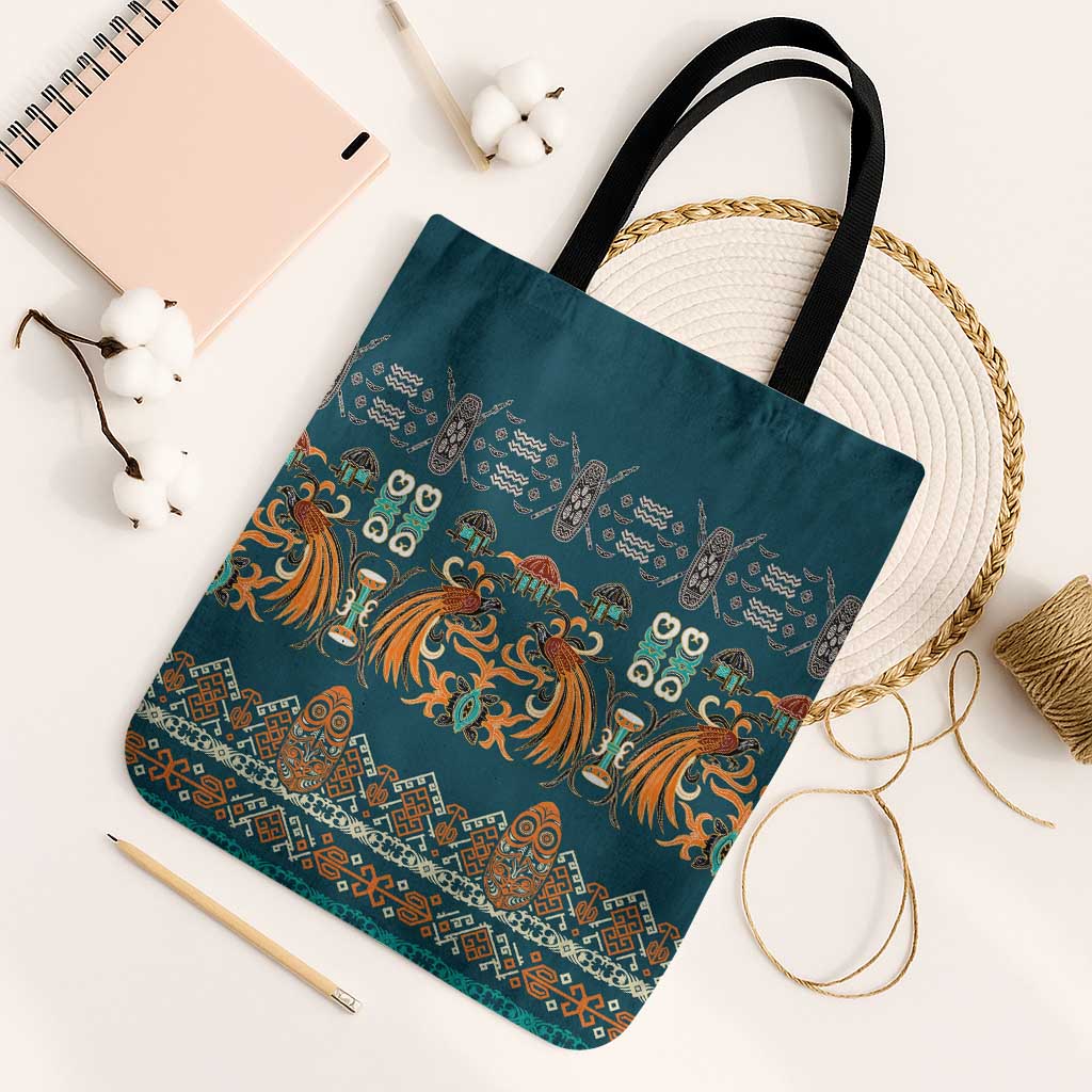 Dark Cyan Blue Batik Papua-inspired Pattern Tote Bag LT9 Black Strap One Size Blue - Polynesian Pride