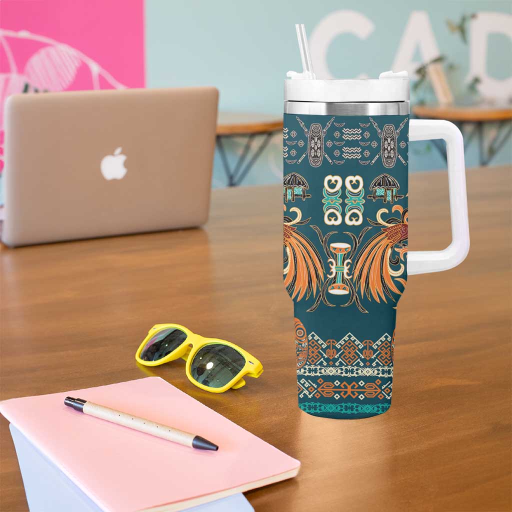 Dark Cyan Blue Batik Papua-inspired Pattern Tumbler With Handle - Polynesian Pride