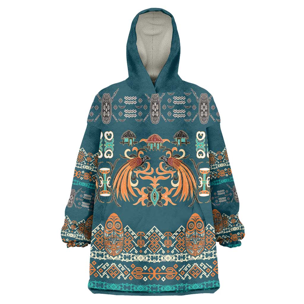 Dark Cyan Blue Batik Papua-inspired Pattern Wearable Blanket Hoodie LT9 One Size Blue - Polynesian Pride