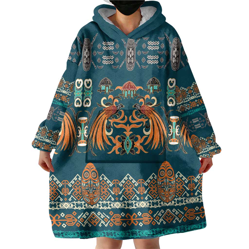 Dark Cyan Blue Batik Papua-inspired Pattern Wearable Blanket Hoodie - Polynesian Pride