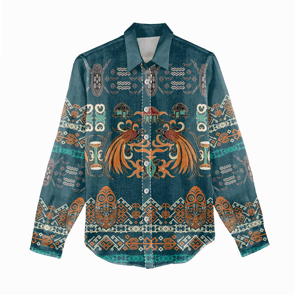 Dark Cyan Blue Batik Papua-inspired Pattern Women Casual Shirt - Polynesian Pride