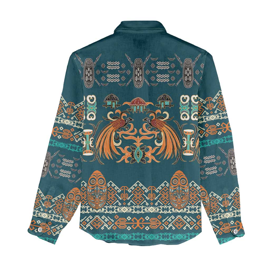 Dark Cyan Blue Batik Papua-inspired Pattern Women Casual Shirt - Polynesian Pride
