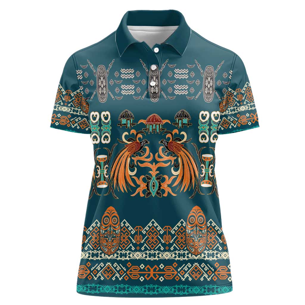 Dark Cyan Blue Batik Papua-inspired Pattern Women Polo Shirt - Polynesian Pride