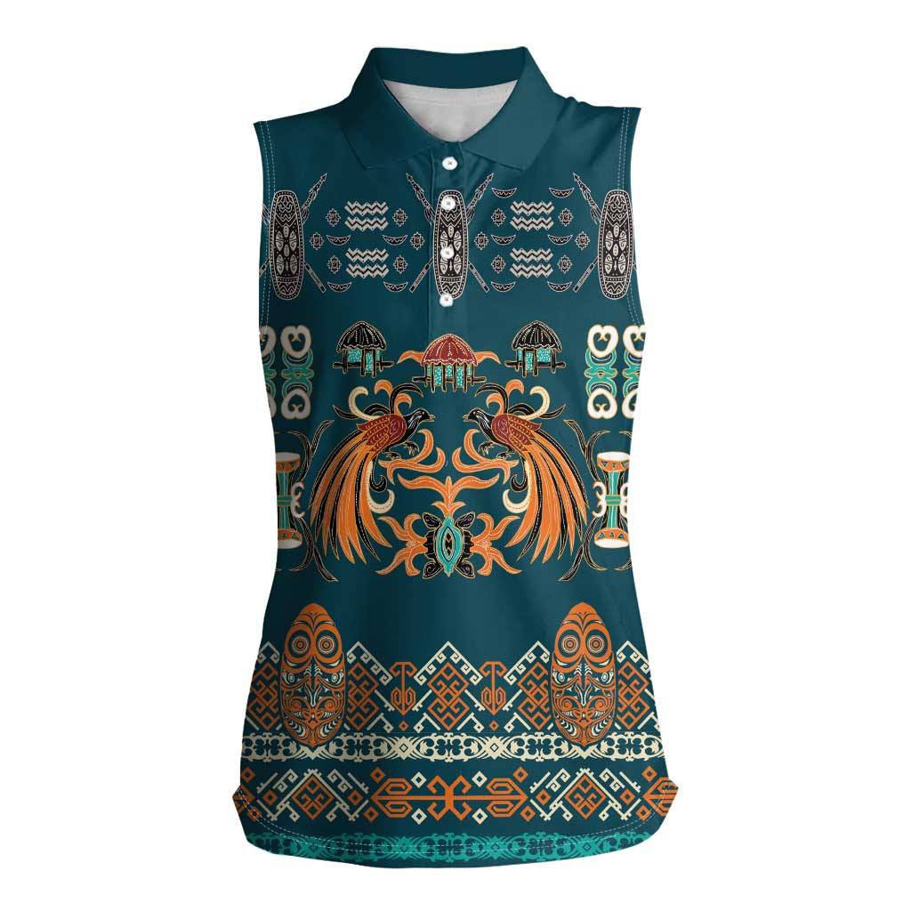 Dark Cyan Blue Batik Papua-inspired Pattern Women Sleeveless Polo Shirt - Polynesian Pride