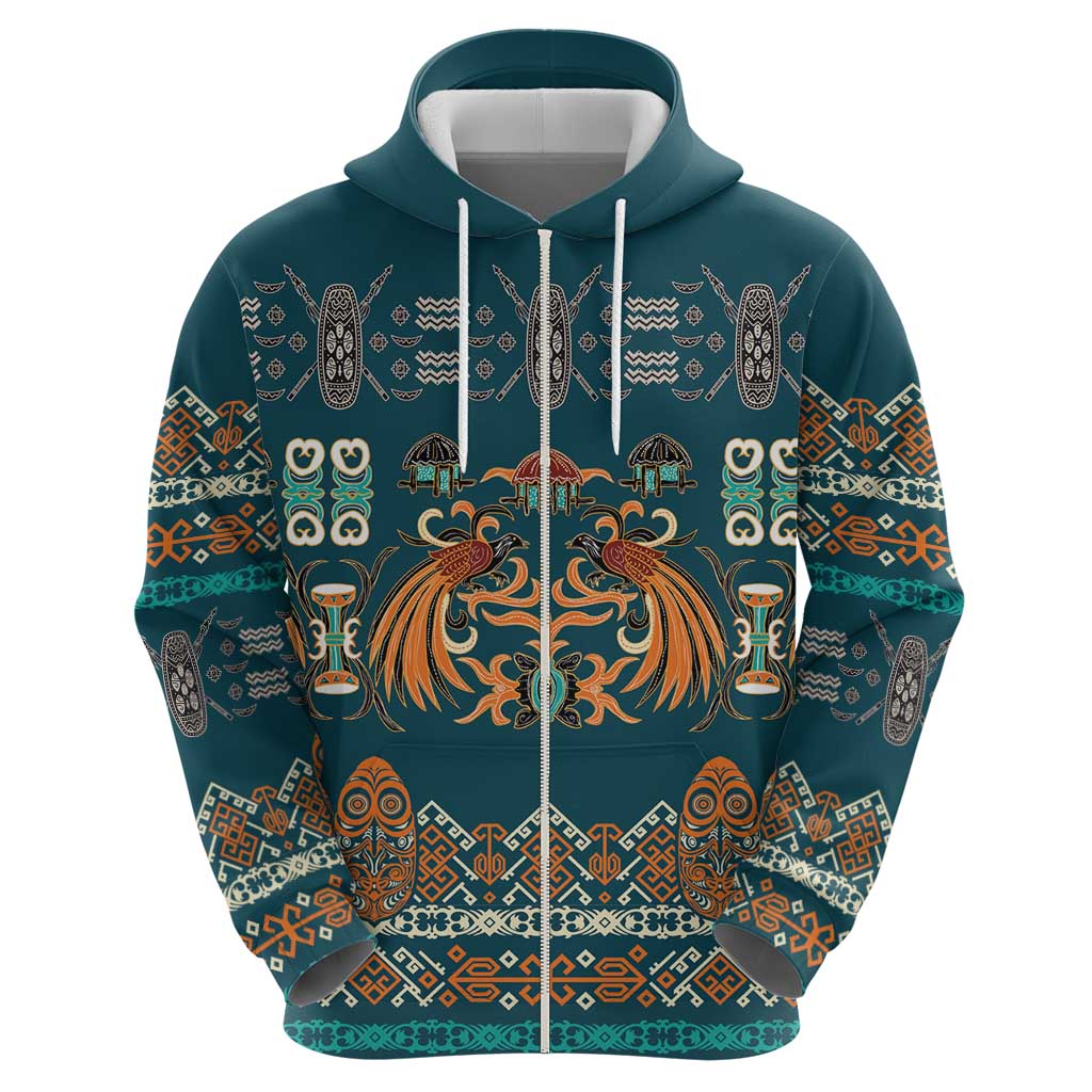 Dark Cyan Blue Batik Papua-inspired Pattern Zip Hoodie - Polynesian Pride