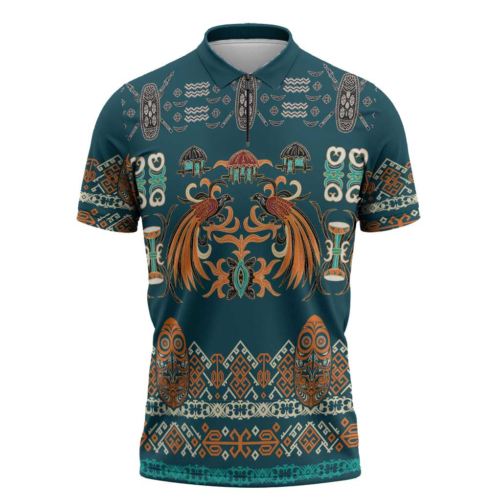 Dark Cyan Blue Batik Papua-inspired Pattern Zipper Polo Shirt - Polynesian Pride