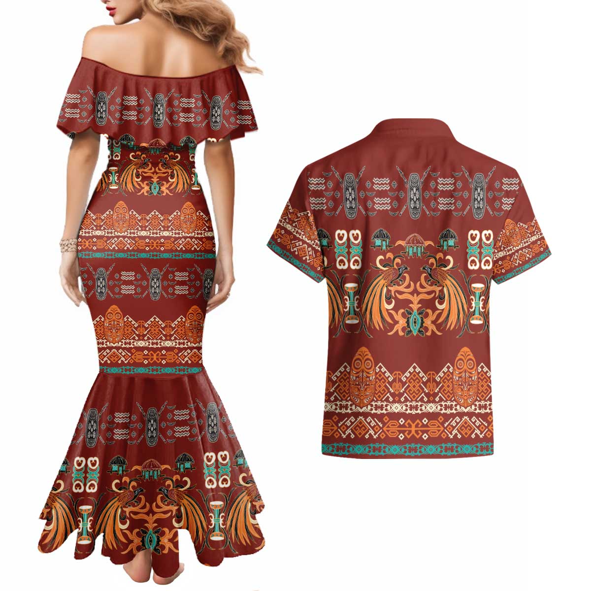 Oxblood Batik Papua-inspired Pattern Couples Matching Mermaid Dress and Hawaiian Shirt - Polynesian Pride