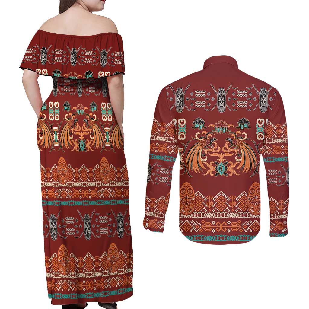 Oxblood Batik Papua-inspired Pattern Couples Matching Off Shoulder Maxi Dress and Long Sleeve Button Shirt LT9 - Polynesian Pride