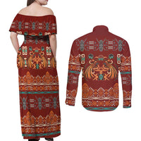 Oxblood Batik Papua-inspired Pattern Couples Matching Off Shoulder Maxi Dress and Long Sleeve Button Shirt LT9 - Polynesian Pride