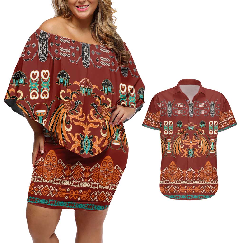 Oxblood Batik Papua-inspired Pattern Couples Matching Off Shoulder Short Dress and Hawaiian Shirt - Polynesian Pride
