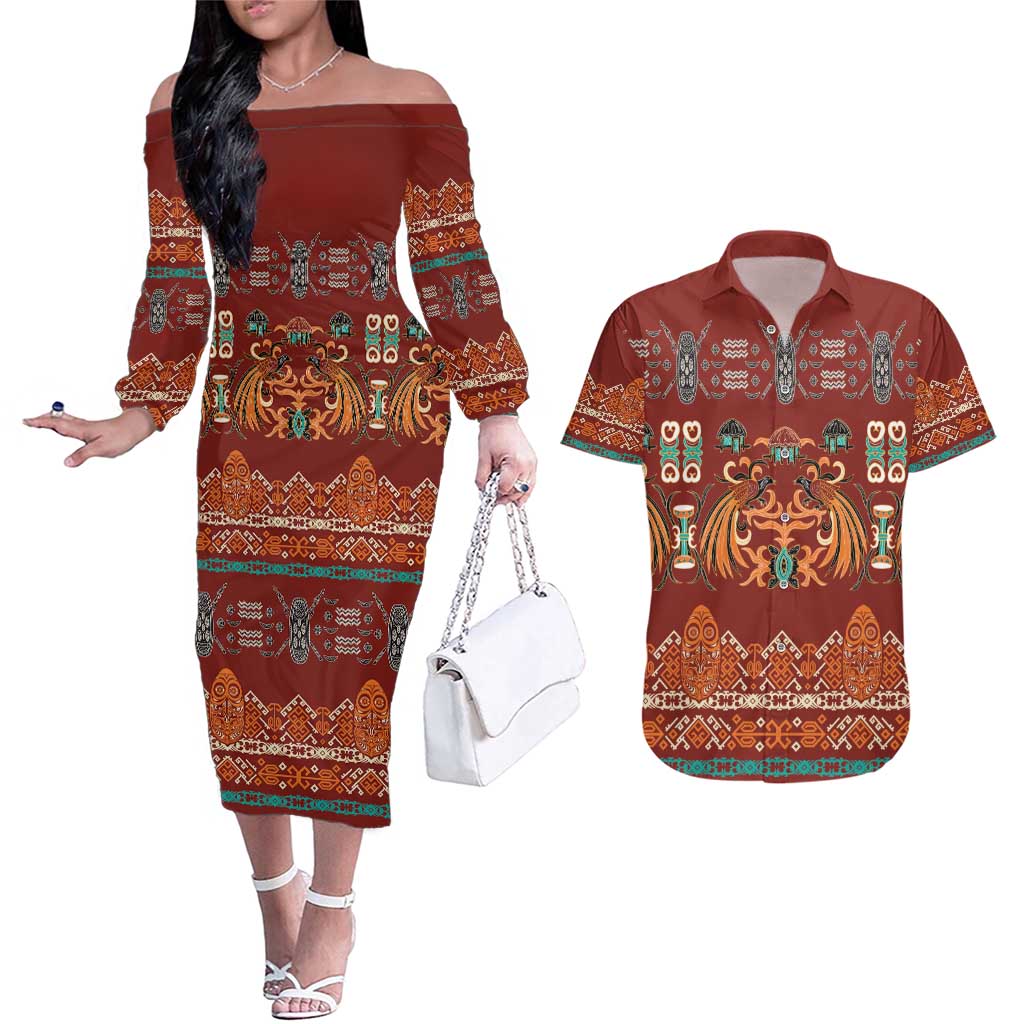 Oxblood Batik Papua-inspired Pattern Couples Matching Off The Shoulder Long Sleeve Dress and Hawaiian Shirt LT9 Red - Polynesian Pride