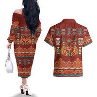 Oxblood Batik Papua-inspired Pattern Couples Matching Off The Shoulder Long Sleeve Dress and Hawaiian Shirt LT9 - Polynesian Pride