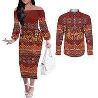 Oxblood Batik Papua-inspired Pattern Couples Matching Off The Shoulder Long Sleeve Dress and Long Sleeve Button Shirt LT9 Red - Polynesian Pride