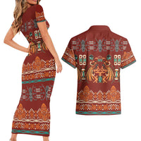 Oxblood Batik Papua-inspired Pattern Couples Matching Short Sleeve Bodycon Dress and Hawaiian Shirt - Polynesian Pride