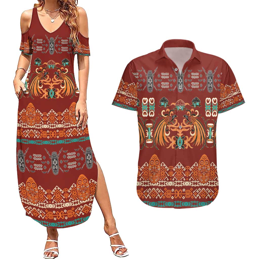 Oxblood Batik Papua-inspired Pattern Couples Matching Summer Maxi Dress and Hawaiian Shirt - Polynesian Pride
