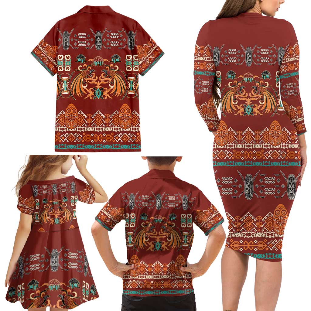 Oxblood Batik Papua-inspired Pattern Family Matching Long Sleeve Bodycon Dress and Hawaiian Shirt - Polynesian Pride
