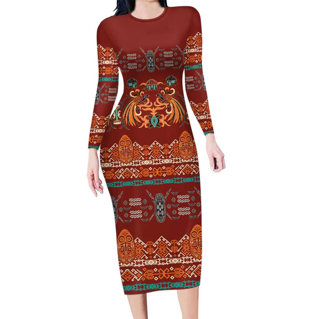 Oxblood Batik Papua-inspired Pattern Family Matching Long Sleeve Bodycon Dress and Hawaiian Shirt - Polynesian Pride