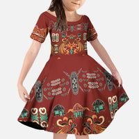 Oxblood Batik Papua-inspired Pattern Family Matching Off The Shoulder Long Sleeve Dress and Hawaiian Shirt LT9 Daughter's Dress Red - Polynesian Pride