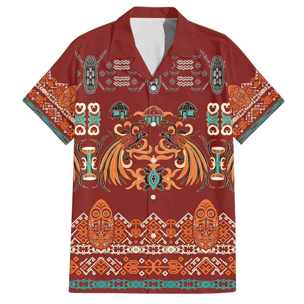 Oxblood Batik Papua-inspired Pattern Family Matching Off The Shoulder Long Sleeve Dress and Hawaiian Shirt LT9 Dad's Shirt - Short Sleeve Red - Polynesian Pride