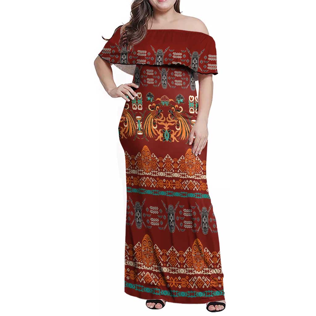 Oxblood Batik Papua-inspired Pattern Family Matching Off Shoulder Maxi Dress and Hawaiian Shirt - Polynesian Pride