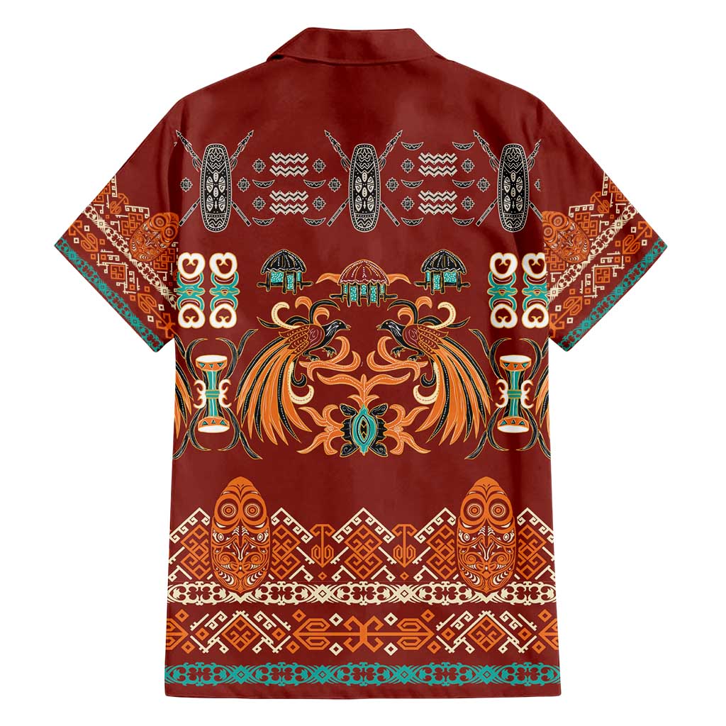 Oxblood Batik Papua-inspired Pattern Family Matching Off Shoulder Short Dress and Hawaiian Shirt LT9 - Polynesian Pride