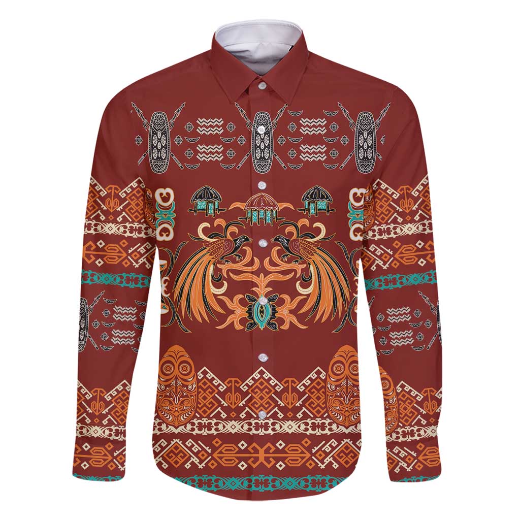 Oxblood Batik Papua-inspired Pattern Family Matching Off Shoulder Short Dress and Hawaiian Shirt LT9 Dad's Shirt - Long Sleeve Red - Polynesian Pride