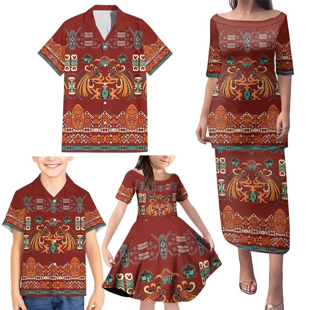 Oxblood Batik Papua-inspired Pattern Family Matching Puletasi and Hawaiian Shirt - Polynesian Pride