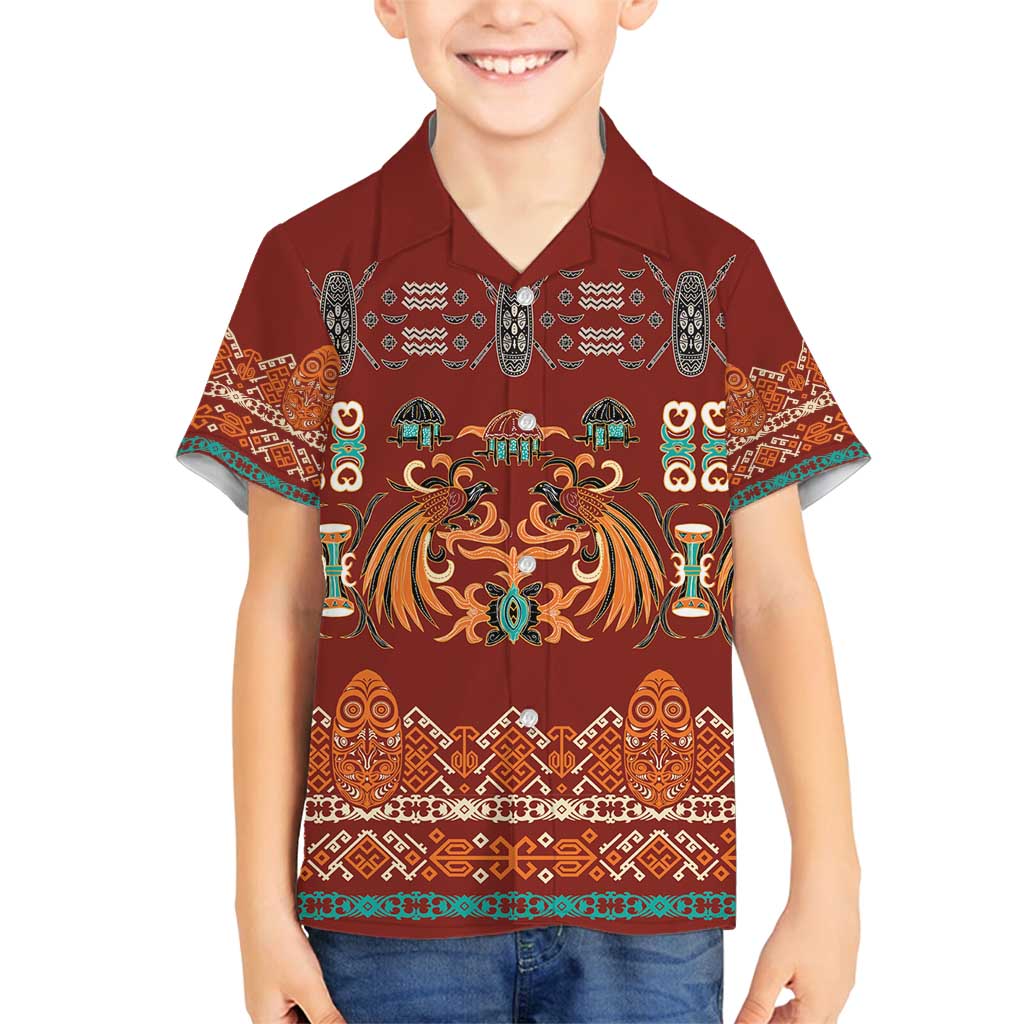 Oxblood Batik Papua-inspired Pattern Family Matching Puletasi and Hawaiian Shirt - Polynesian Pride