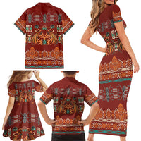 Oxblood Batik Papua-inspired Pattern Family Matching Short Sleeve Bodycon Dress and Hawaiian Shirt - Polynesian Pride
