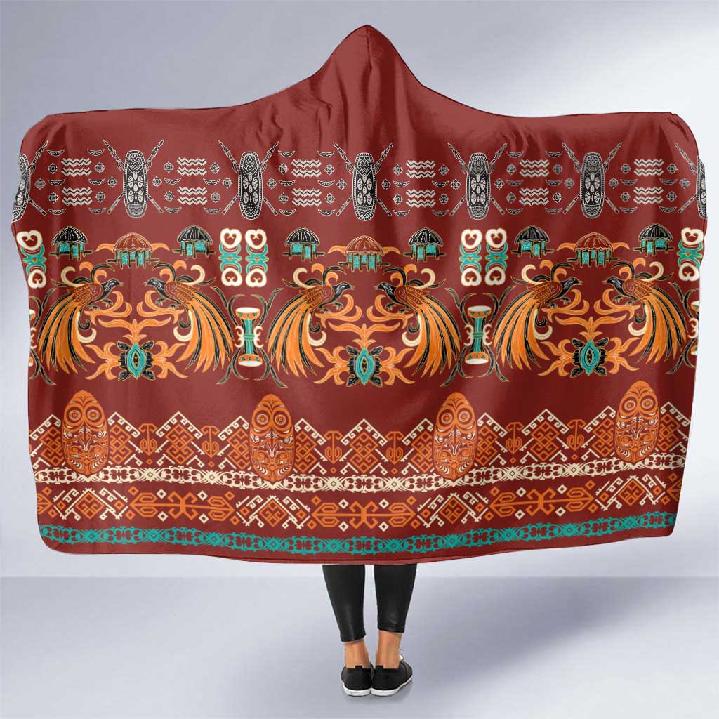 Oxblood Batik Papua-inspired Pattern Hooded Blanket LT9 One Size Red - Polynesian Pride
