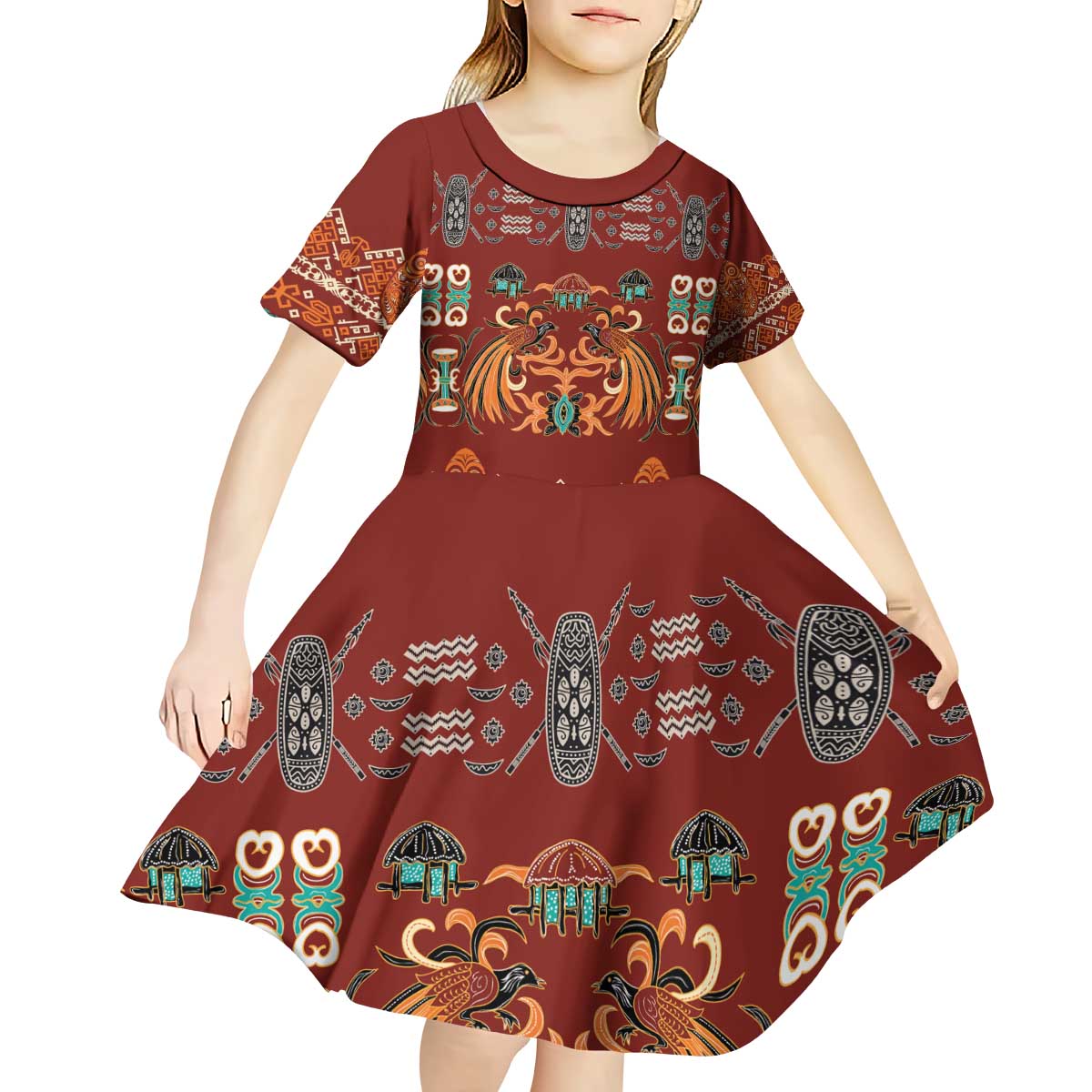 Oxblood Batik Papua-inspired Pattern Kid Short Sleeve Dress - Polynesian Pride