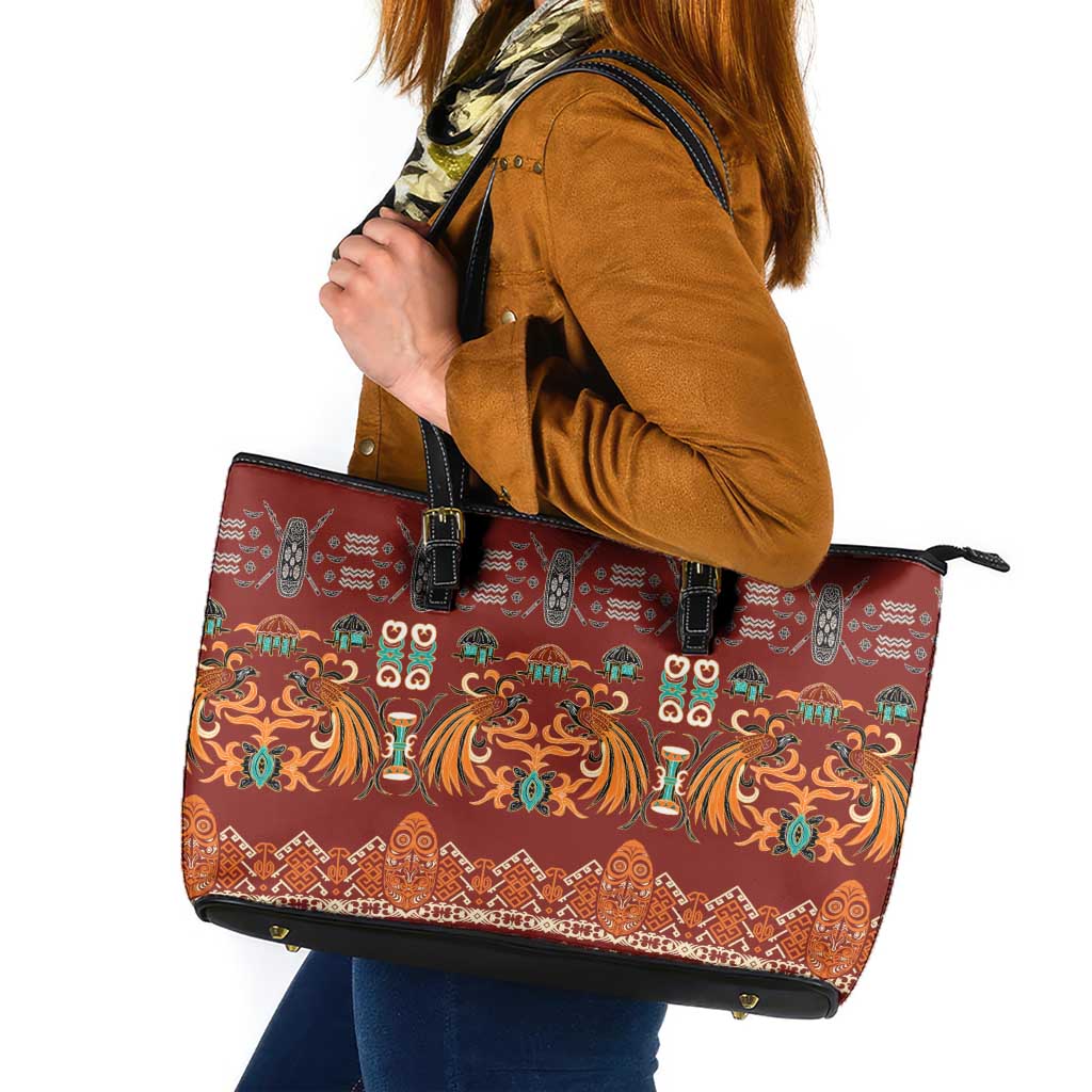 Oxblood Batik Papua-inspired Pattern Leather Tote Bag LT9 Red - Polynesian Pride