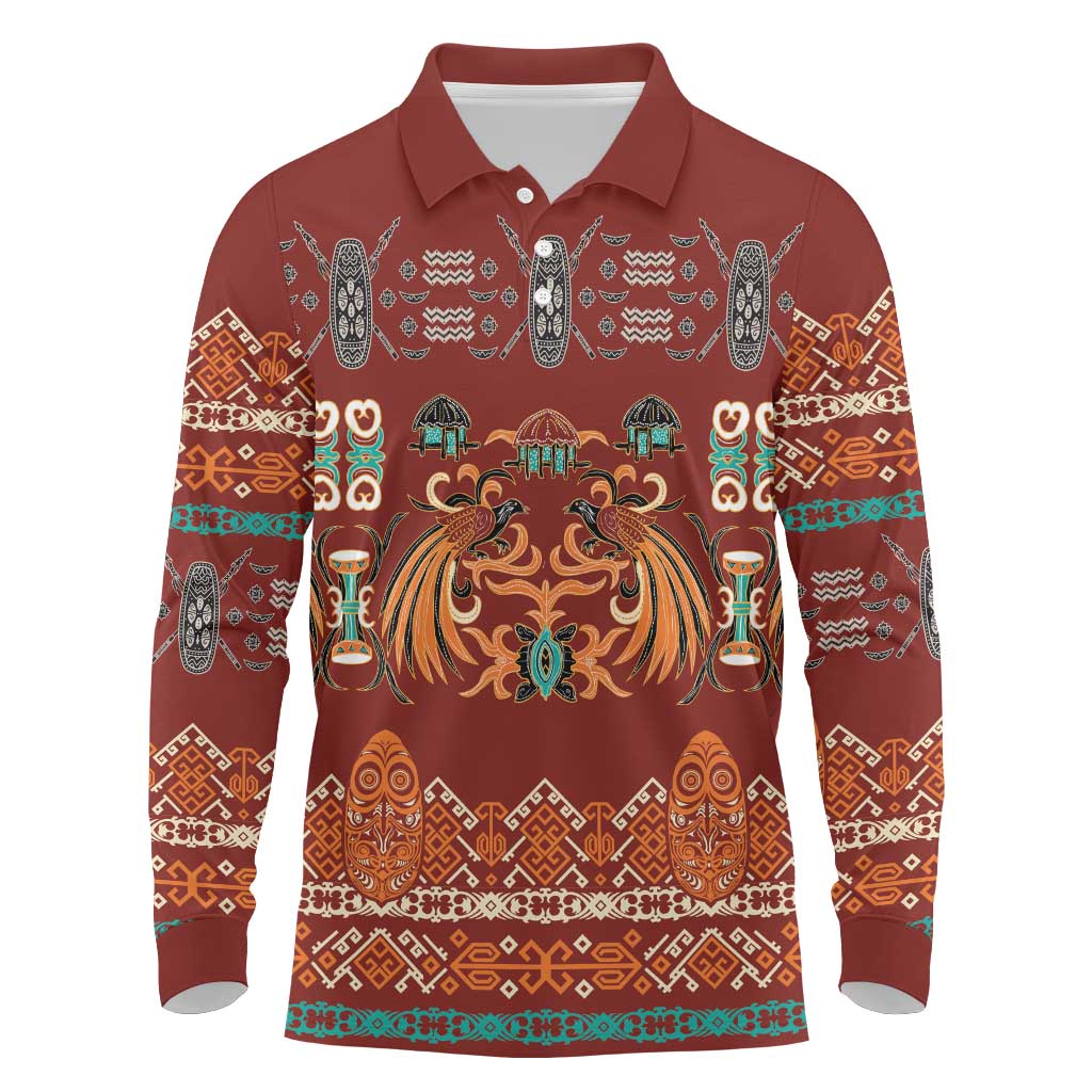 Oxblood Batik Papua-inspired Pattern Long Sleeve Polo Shirt - Polynesian Pride