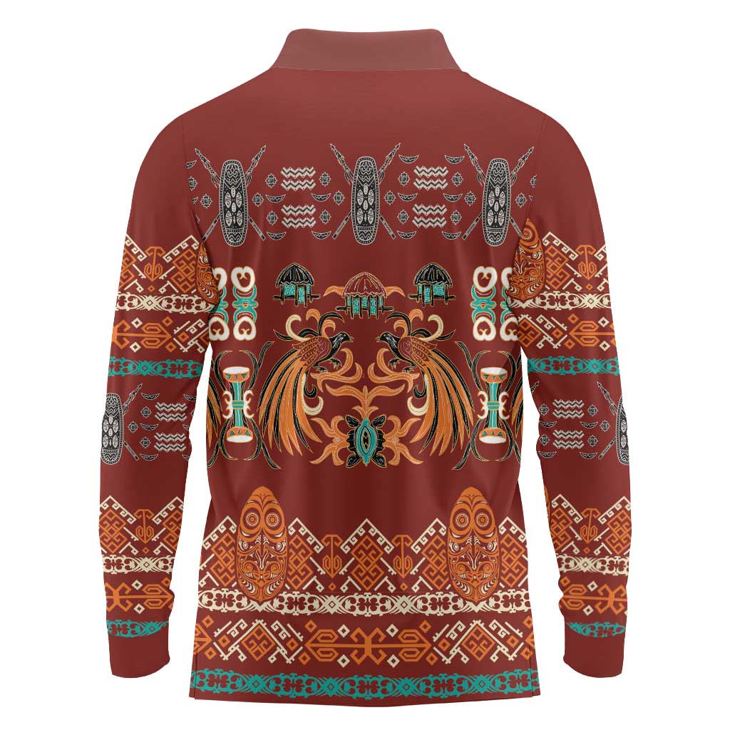 Oxblood Batik Papua-inspired Pattern Long Sleeve Polo Shirt - Polynesian Pride