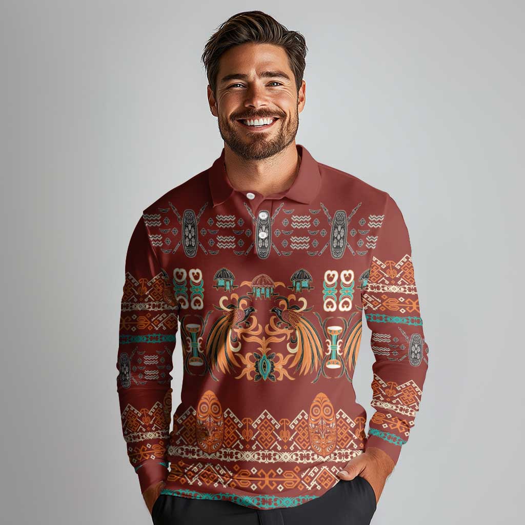 Oxblood Batik Papua-inspired Pattern Long Sleeve Polo Shirt - Polynesian Pride