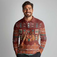 Oxblood Batik Papua-inspired Pattern Long Sleeve Polo Shirt - Polynesian Pride
